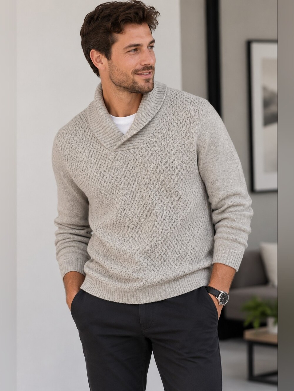 RW&CO Men's Grey Textured Shawl Collar Sweater XL